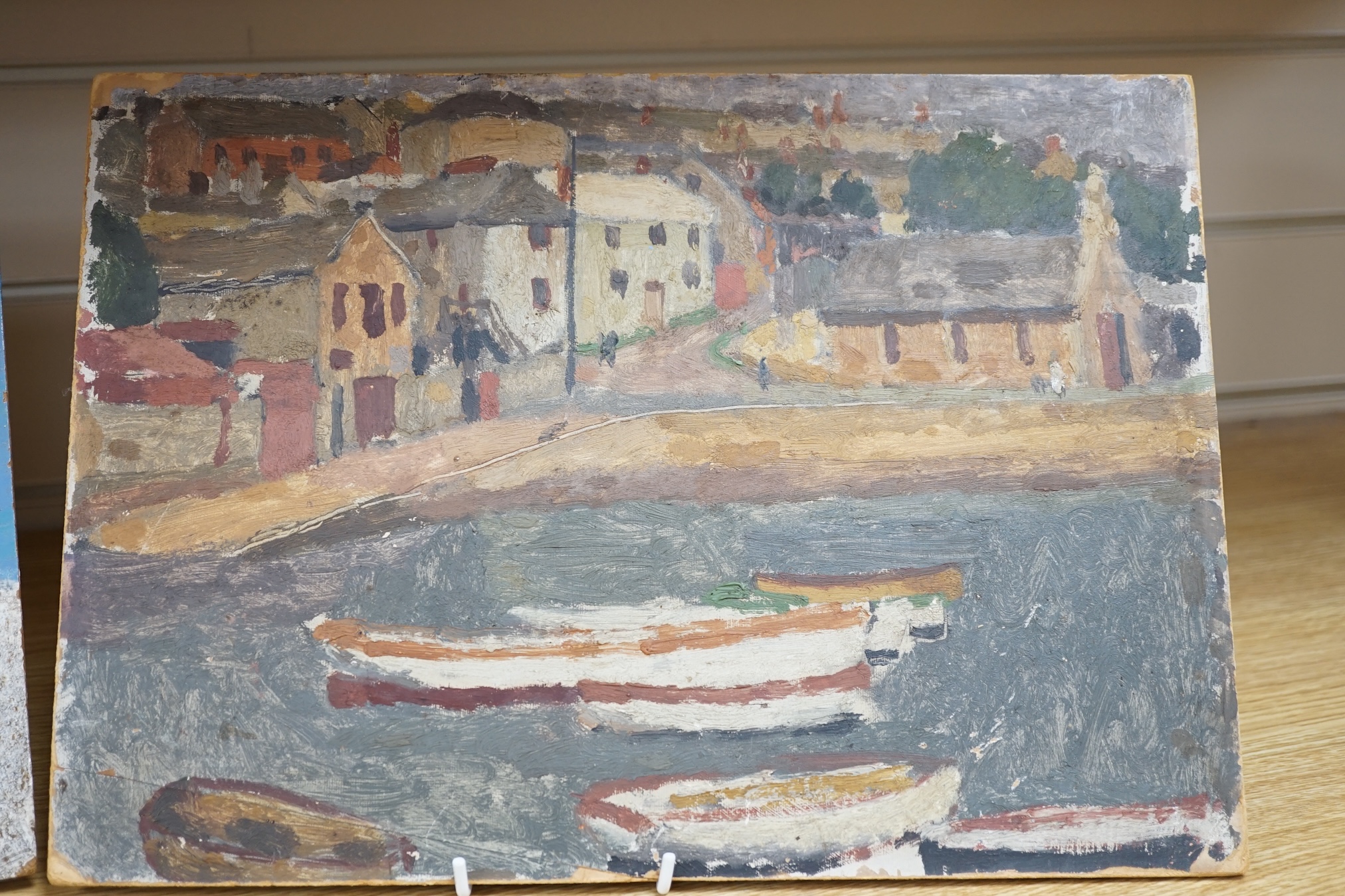 From the Studio of Fred Cuming. oil on board, Harbour view with boats, unsigned, 25 x 25cm, unframed. Condition - poor